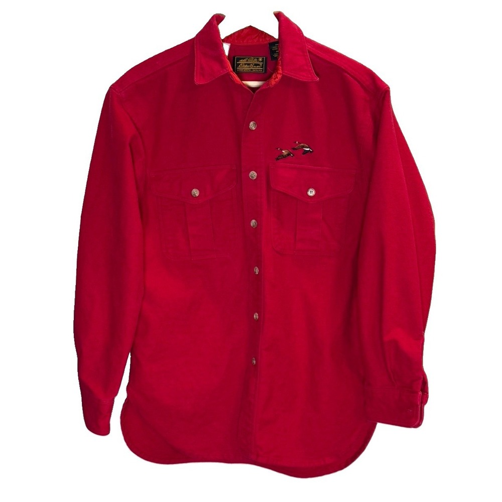 Vintage Eddie Bauer Shirt Men Small Red Chamois Ducks Flannel Cotton Workwear